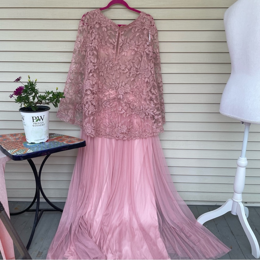 TADASHI SHOJI Embroidered Lace Cape Gown Dress in Rose Quartz Size 16 (NWT) - Picture 11 of 15